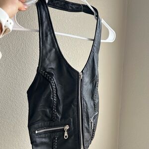 Black Leather Vest with Zipper Details
